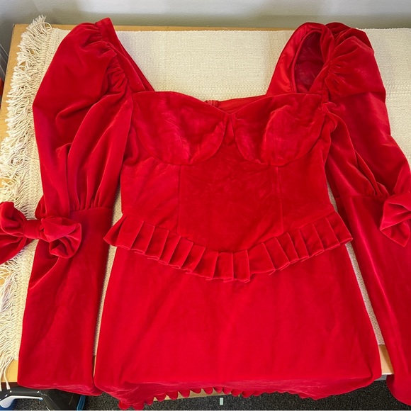 Hot Fashionista Red Matilda Velvet Long Sleeve Pleated Hem Mini Dress - Picture 11 of 16